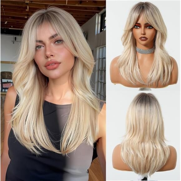 Long Straight Blonde Wig for Women with Curtain Bangs Natural Synthetic Blonde-E